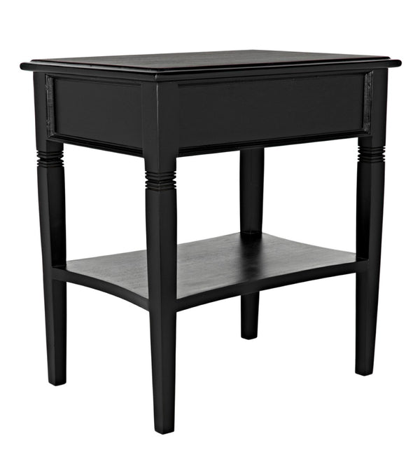 Noir Oxford Artisan-Crafted 1-Drawer Side Table in Solid Mahogany with Elegant Carving & Tapered Legs Hand Rubbed Black GTAB247HB