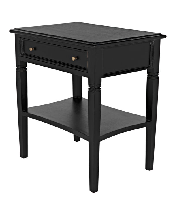 Noir Oxford Artisan-Crafted 1-Drawer Side Table in Solid Mahogany with Elegant Carving & Tapered Legs Hand Rubbed Black GTAB247HB
