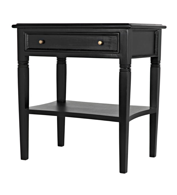 Noir Oxford Artisan-Crafted 1-Drawer Side Table in Solid Mahogany with Elegant Carving & Tapered Legs Hand Rubbed Black GTAB247HB