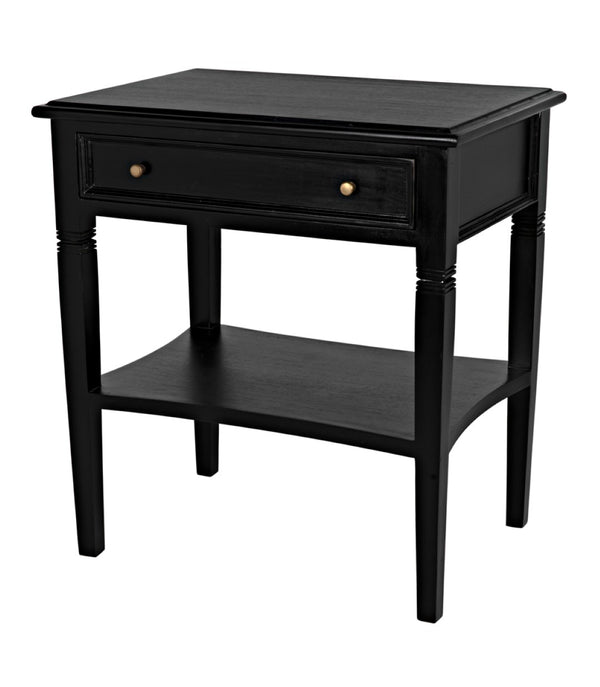 Noir Oxford Artisan-Crafted 1-Drawer Side Table in Solid Mahogany with Elegant Carving & Tapered Legs Hand Rubbed Black GTAB247HB