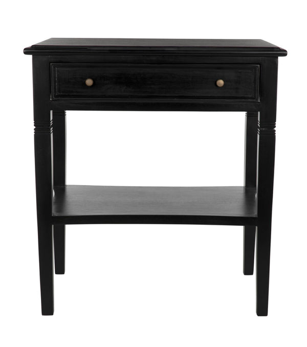 Noir Oxford Artisan-Crafted 1-Drawer Side Table in Solid Mahogany with Elegant Carving & Tapered Legs Hand Rubbed Black GTAB247HB
