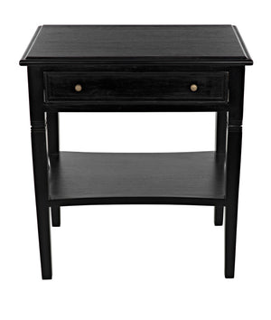 Noir Oxford Artisan-Crafted 1-Drawer Side Table in Solid Mahogany with Elegant Carving & Tapered Legs Hand Rubbed Black GTAB247HB