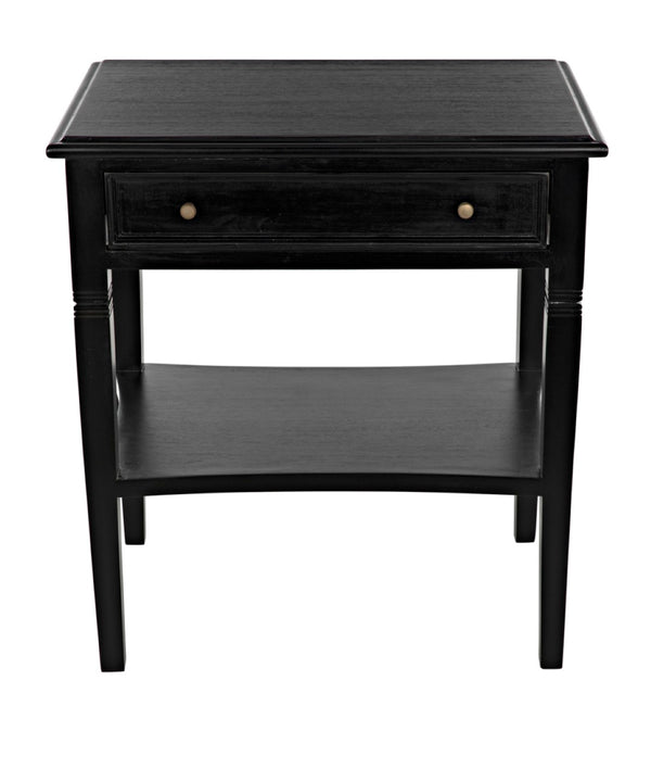 Noir Oxford Artisan-Crafted 1-Drawer Side Table in Solid Mahogany with Elegant Carving & Tapered Legs Hand Rubbed Black GTAB247HB