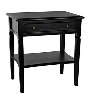 Noir Oxford Artisan-Crafted 1-Drawer Side Table in Solid Mahogany with Elegant Carving & Tapered Legs Hand Rubbed Black GTAB247HB