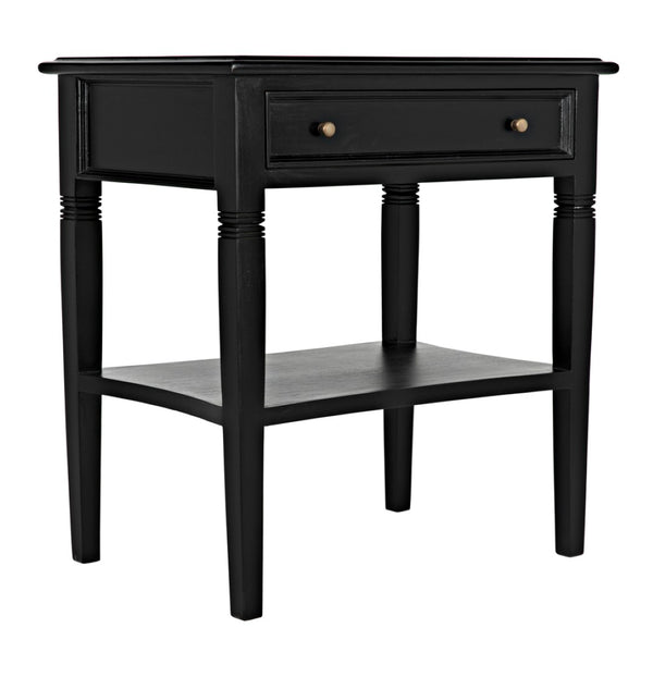 Noir Oxford Artisan-Crafted 1-Drawer Side Table in Solid Mahogany with Elegant Carving & Tapered Legs Hand Rubbed Black GTAB247HB