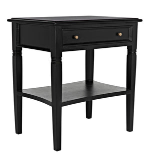 Noir Oxford Artisan-Crafted 1-Drawer Side Table in Solid Mahogany with Elegant Carving & Tapered Legs Hand Rubbed Black GTAB247HB