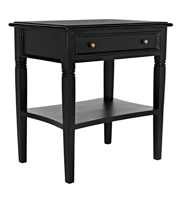 Noir Oxford Artisan-Crafted 1-Drawer Side Table in Solid Mahogany with Elegant Carving & Tapered Legs Hand Rubbed Black GTAB247HB