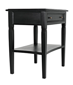 Noir Oxford Artisan-Crafted 1-Drawer Side Table in Solid Mahogany with Elegant Carving & Tapered Legs Hand Rubbed Black GTAB247HB
