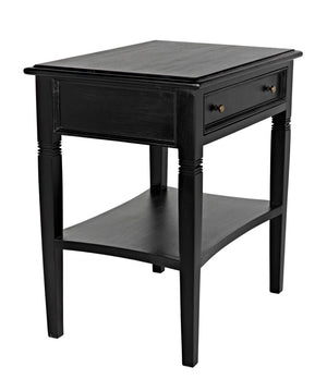 Noir Oxford Artisan-Crafted 1-Drawer Side Table in Solid Mahogany with Elegant Carving & Tapered Legs Hand Rubbed Black GTAB247HB