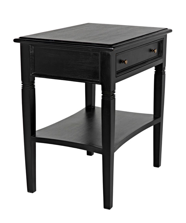 Noir Oxford Artisan-Crafted 1-Drawer Side Table in Solid Mahogany with Elegant Carving & Tapered Legs Hand Rubbed Black GTAB247HB