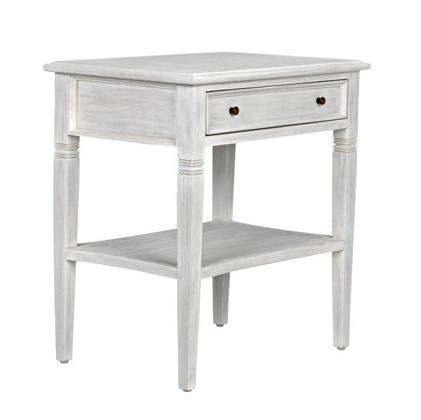 Noir Oxford Artisan-Crafted 1-Drawer Side Table in Solid Mahogany with Elegant Carving & Tapered Legs White Wash GTAB247WH