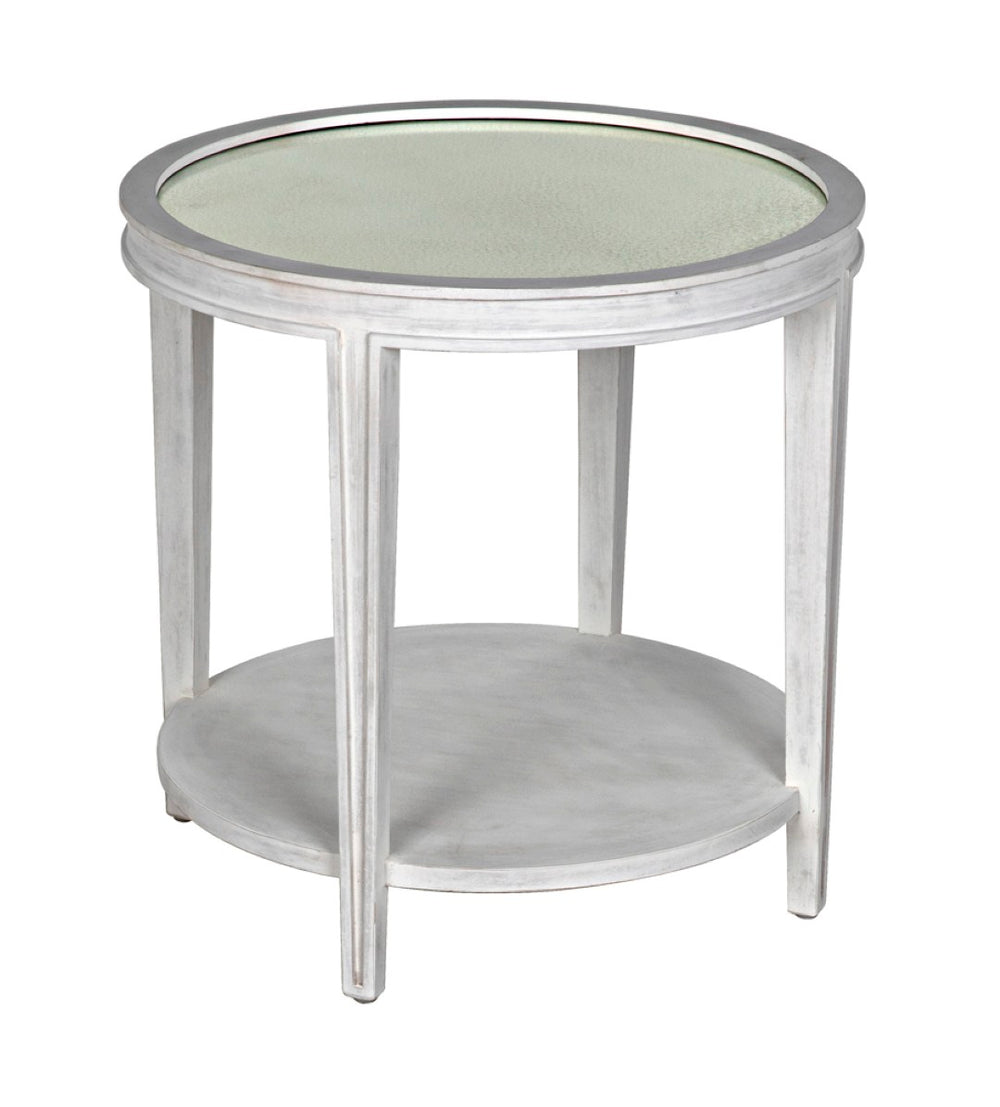 Noir Imperial Side Table - Hand-Carved Mahogany with White Wash Finish & Antiqued Mirrored Top GTAB251WH