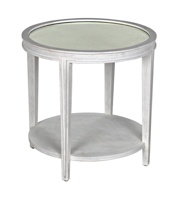 Noir Imperial Side Table - Hand-Carved Mahogany with White Wash Finish & Antiqued Mirrored Top GTAB251WH