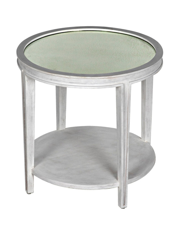 Noir Imperial Side Table - Hand-Carved Mahogany with White Wash Finish & Antiqued Mirrored Top GTAB251WH