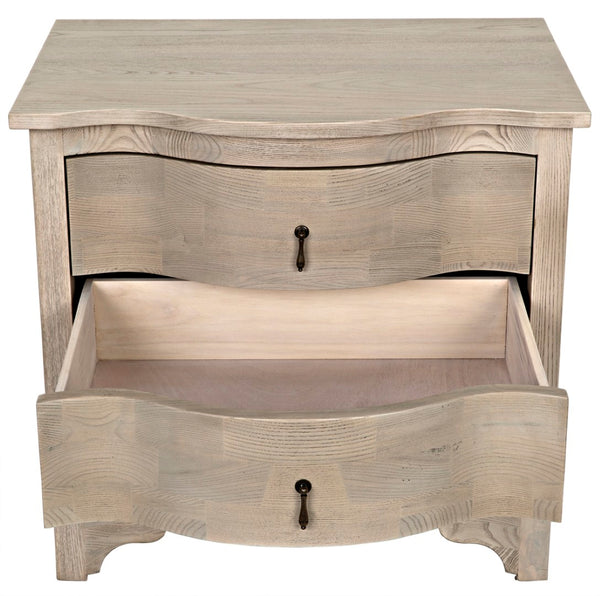 Noir Curved Elegance: Vintage Gray Side Table with Graceful Drawers for Modern & Traditional Spaces GTAB290VGR