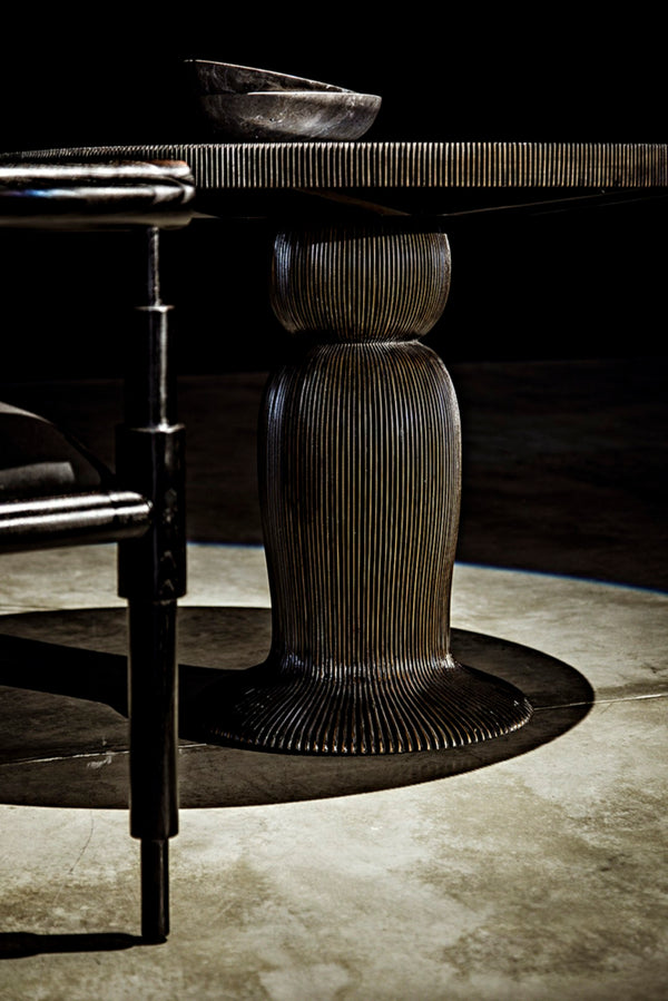 Noir Portobello Round Dining Table - Hand-Rubbed Black Finish with Golden Highlights & Ribbed Detailing GTAB560HB