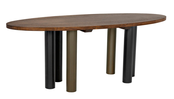 Noir Journal Oval Dining Table - Hand-Carved Solid Walnut with Industrial Black & Brass Base for 6-8 GTAB572DW