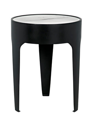 Noir Cylinder Accent Table with Unique Bianco Crown Marble Top and Modern Matte Black Iron Base Small GTAB693MTB