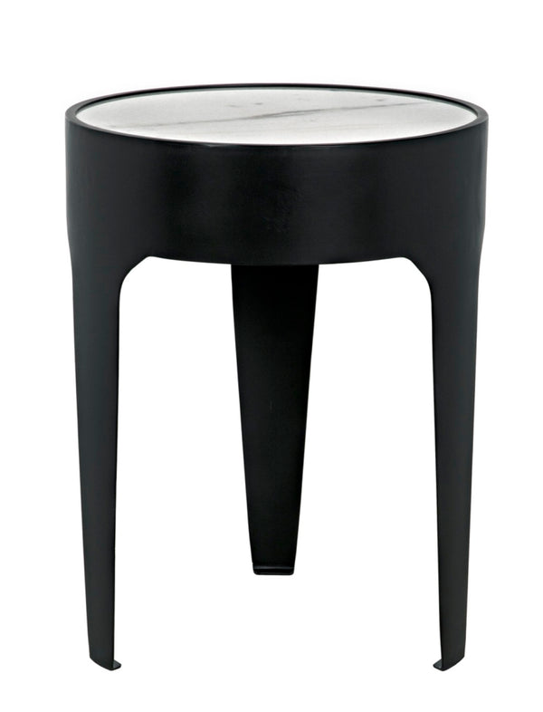 Noir Cylinder Accent Table with Unique Bianco Crown Marble Top and Modern Matte Black Iron Base Small GTAB693MTB