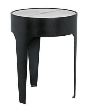 Noir Cylinder Accent Table with Unique Bianco Crown Marble Top and Modern Matte Black Iron Base Small GTAB693MTB
