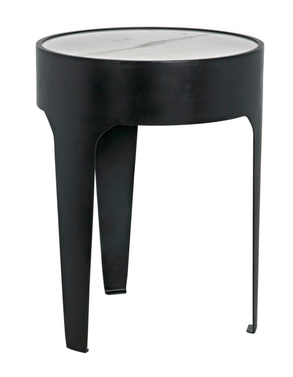 Noir Cylinder Accent Table with Unique Bianco Crown Marble Top and Modern Matte Black Iron Base Small GTAB693MTB
