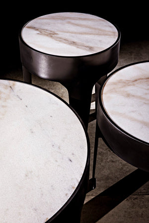 Noir Cylinder Accent Table with Unique Bianco Crown Marble Top and Modern Matte Black Iron Base Small GTAB693MTB