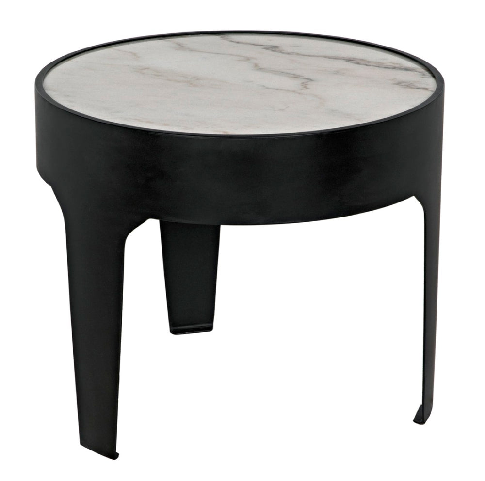Noir Cylinder Accent Table with Unique Bianco Crown Marble Top and Modern Matte Black Iron Base Large GTAB694MTB