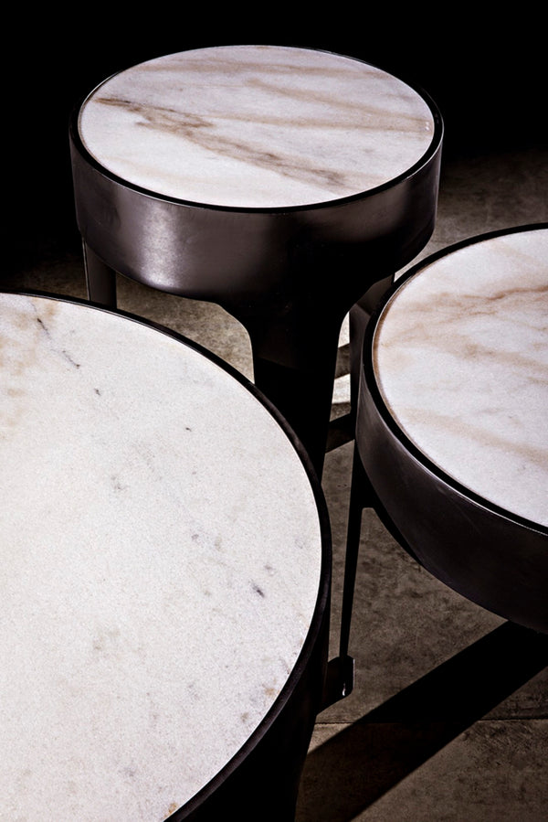 Noir Cylinder Accent Table with Unique Bianco Crown Marble Top and Modern Matte Black Iron Base Large GTAB694MTB