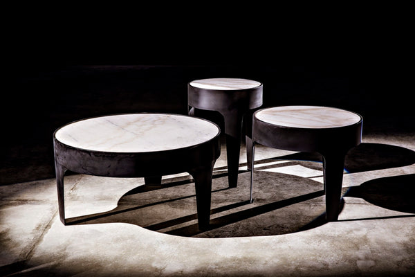 Noir Cylinder Accent Table with Unique Bianco Crown Marble Top and Modern Matte Black Iron Base Large GTAB694MTB