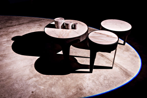 Noir Cylinder Accent Table with Unique Bianco Crown Marble Top and Modern Matte Black Iron Base Large GTAB694MTB