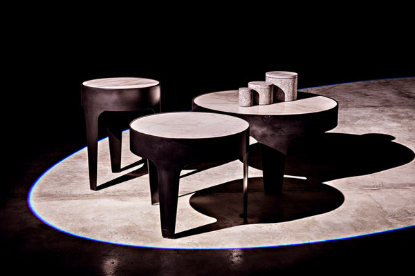 Noir Cylinder Accent Table with Unique Bianco Crown Marble Top and Modern Matte Black Iron Base Large GTAB694MTB