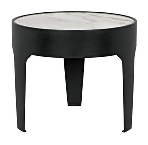 Noir Cylinder Accent Table with Unique Bianco Crown Marble Top and Modern Matte Black Iron Base Large GTAB694MTB