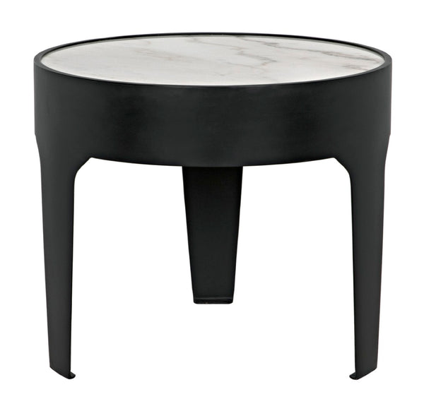 Noir Cylinder Accent Table with Unique Bianco Crown Marble Top and Modern Matte Black Iron Base Large GTAB694MTB
