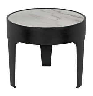 Noir Cylinder Accent Table with Unique Bianco Crown Marble Top and Modern Matte Black Iron Base Large GTAB694MTB