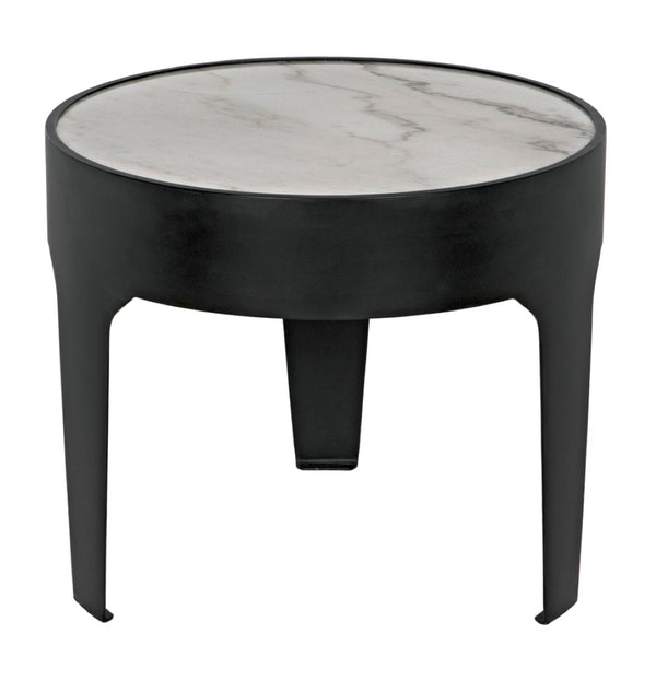 Noir Cylinder Accent Table with Unique Bianco Crown Marble Top and Modern Matte Black Iron Base Large GTAB694MTB
