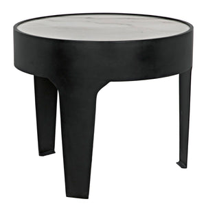 Noir Cylinder Accent Table with Unique Bianco Crown Marble Top and Modern Matte Black Iron Base Large GTAB694MTB