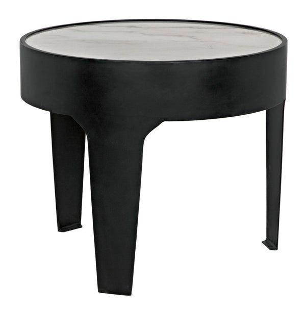 Noir Cylinder Accent Table with Unique Bianco Crown Marble Top and Modern Matte Black Iron Base Large GTAB694MTB