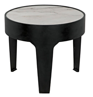 Noir Cylinder Accent Table with Unique Bianco Crown Marble Top and Modern Matte Black Iron Base Large GTAB694MTB