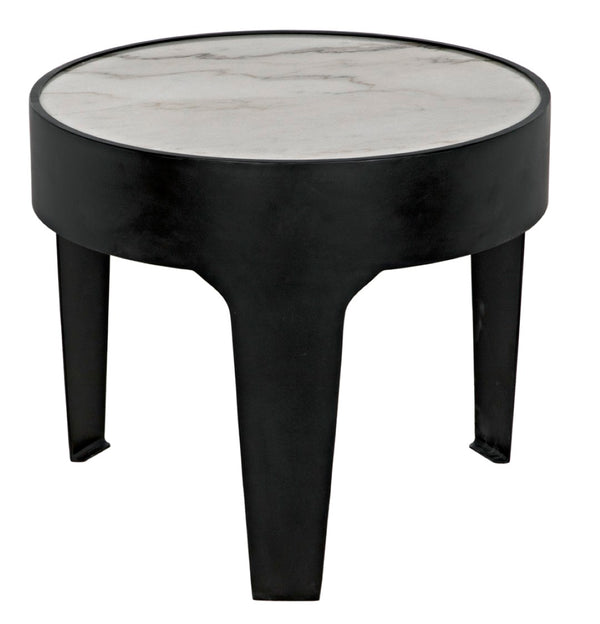 Noir Cylinder Accent Table with Unique Bianco Crown Marble Top and Modern Matte Black Iron Base Large GTAB694MTB