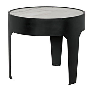 Noir Cylinder Accent Table with Unique Bianco Crown Marble Top and Modern Matte Black Iron Base Large GTAB694MTB