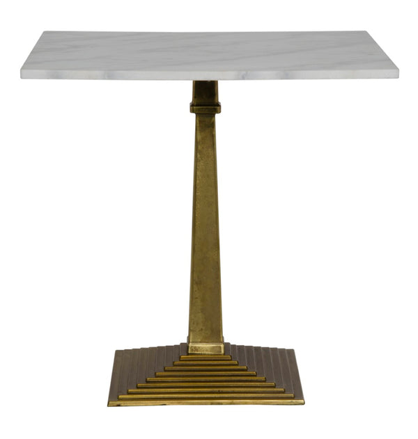 Noir Fadim Side Table - Elegant Bianco Crown Marble Top with Unique Antiqued Brass Pyramidal Base Design GTAB781MB