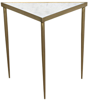 Noir Comet Triangle Side Table: Modern Marble Accent with Antique Brass Legs for Living & Bedroom Spaces GTAB844MB-L