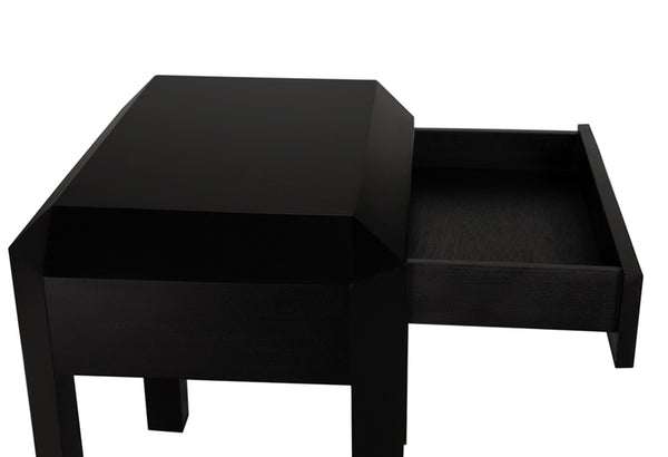 Noir Obtuse Side Table: Handcrafted Mahogany Accent Table with Drawer, Black Finish, Perfect for Any Room GTAB9021HB
