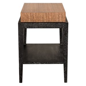 Memphis Walnut Veneer Side Table with Brass Hardware and Open Shelf for Living Rooms