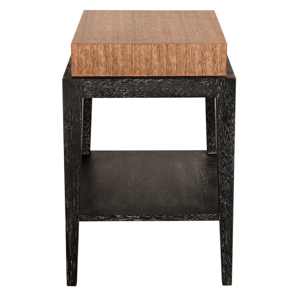 Memphis Walnut Veneer Side Table with Brass Hardware and Open Shelf for Living Rooms