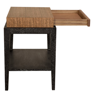 Memphis Walnut Veneer Side Table with Brass Hardware and Open Shelf for Living Rooms