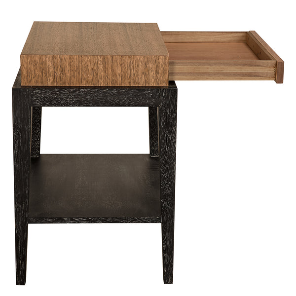 Memphis Walnut Veneer Side Table with Brass Hardware and Open Shelf for Living Rooms