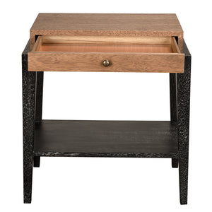 Memphis Walnut Veneer Side Table with Brass Hardware and Open Shelf for Living Rooms