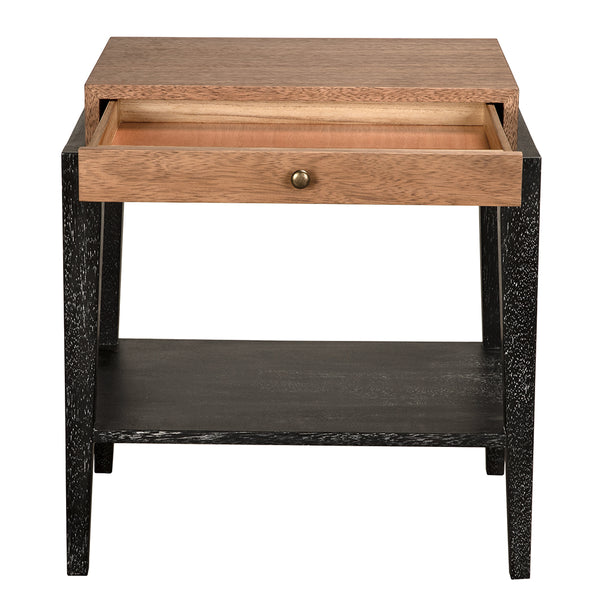Memphis Walnut Veneer Side Table with Brass Hardware and Open Shelf for Living Rooms