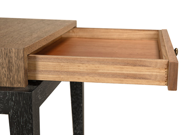 Memphis Walnut Veneer Side Table with Brass Hardware and Open Shelf for Living Rooms